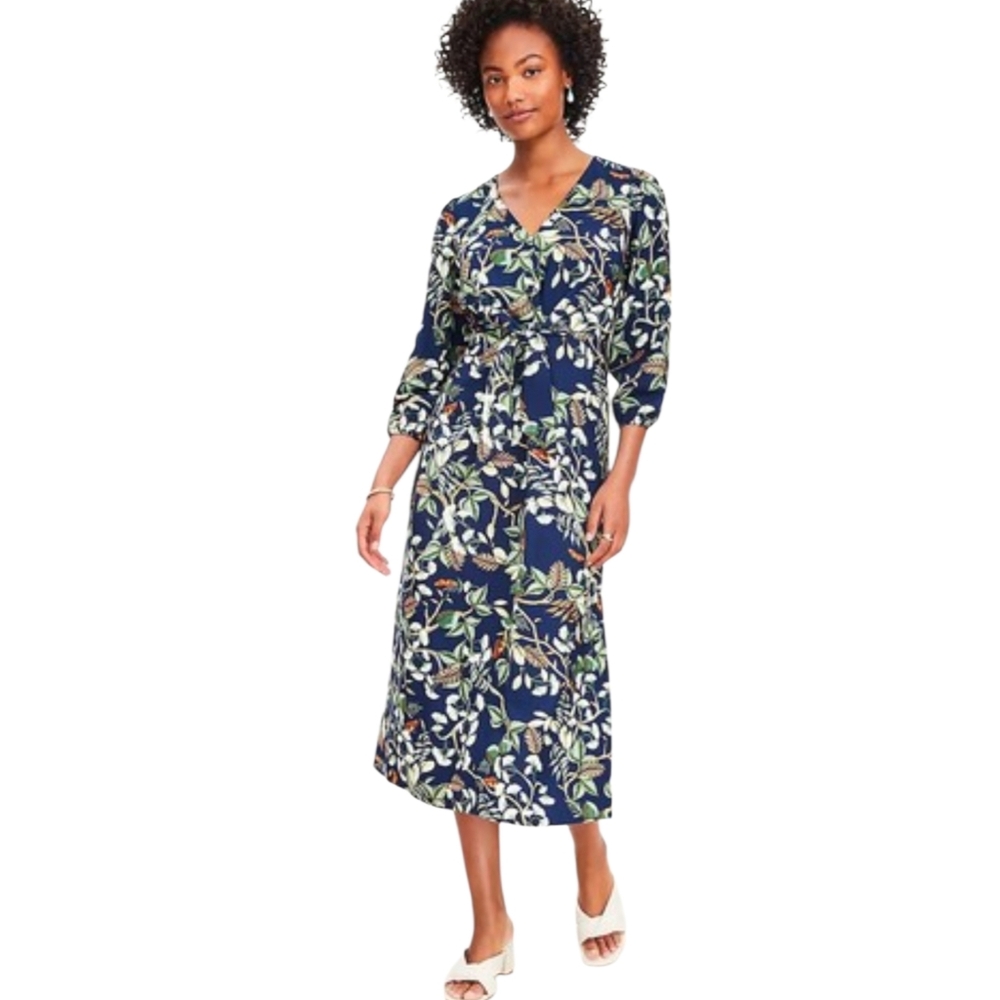 LOFT Aline Blue Floral Tie-front Midi Dress Size 4 Petite